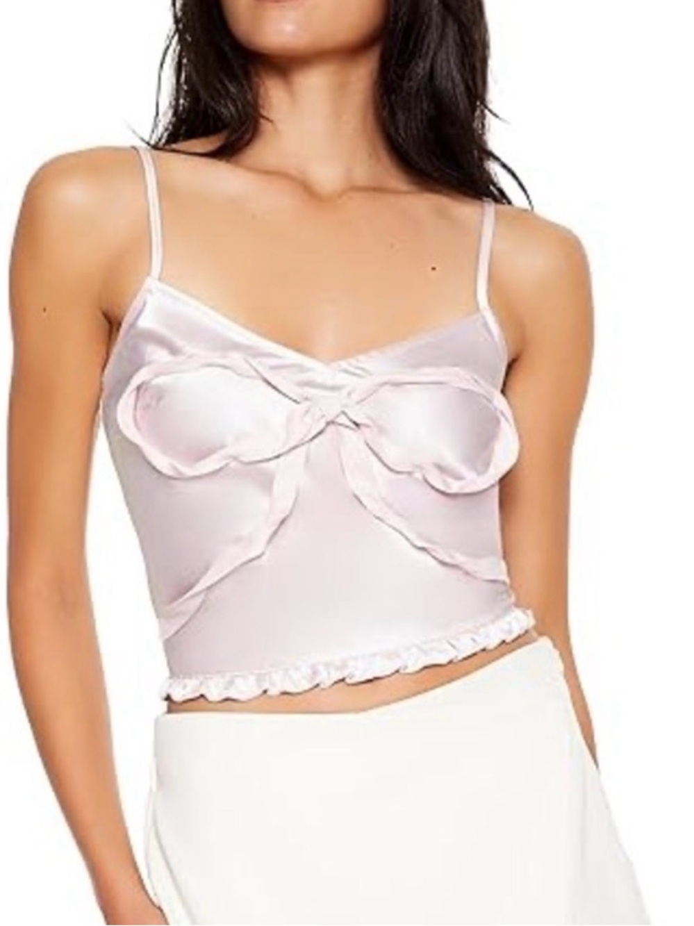 Forever 21 Seashell Pink Satin Bow-Front Cropped Laced Back Camisole